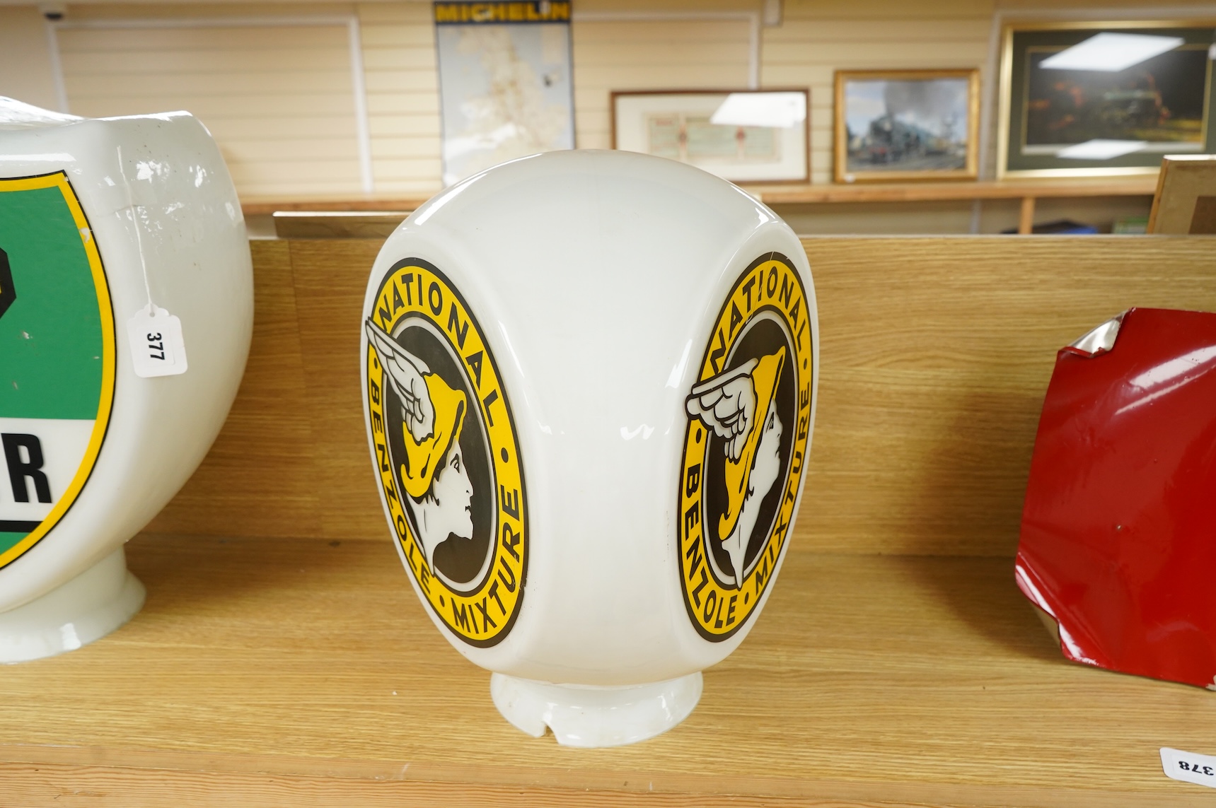 A National Benzole Mixture triple sided opaque glass petrol pump globe, 43cm high, (base af)